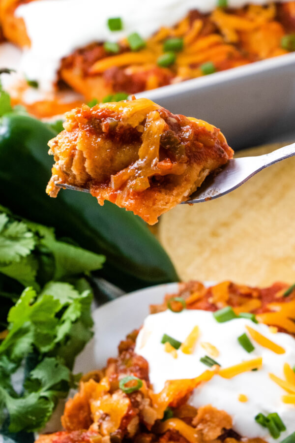 bite of enchiladas on fork
