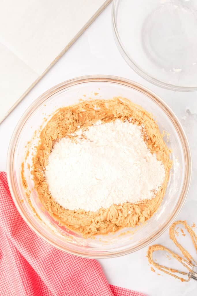 flour mixture added to cookie butter dough in a mixing bowl for Biscoff Butter Cookies