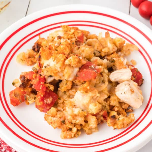 Square image of Chicken Bruschetta Bake on a white plate with red stripes, featuring chicken, tomatoes, melted mozzarella cheese, and golden stuffing topping.