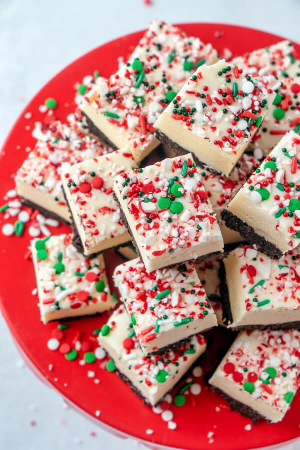 looking down onto a plate of finished and cut fudge