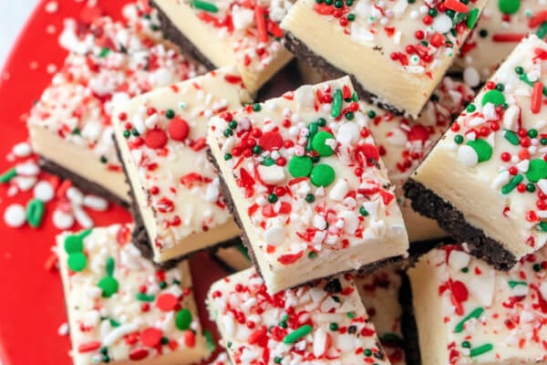 pieces of fudge on red plate