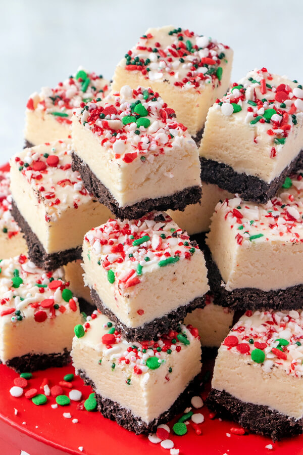 white chocolate peppermint fudge ready to eat