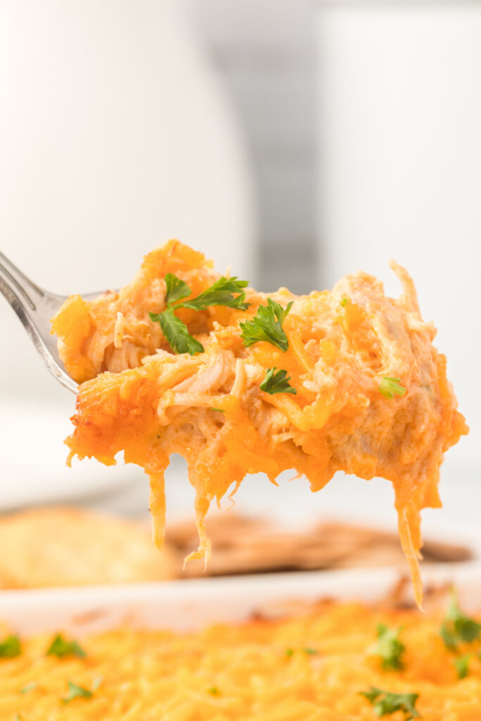 closeup of buffalo chicken dip on spoon