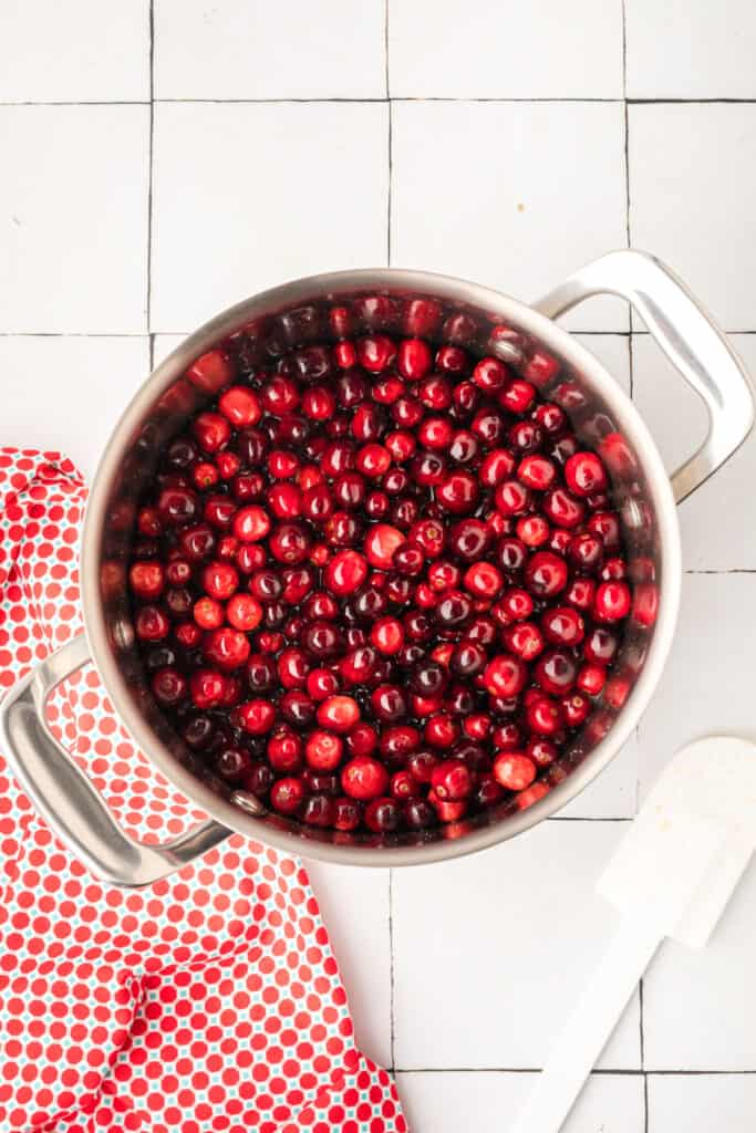 Cranberries in a pot covered with water, ready to begin simmering for cranberry jam.