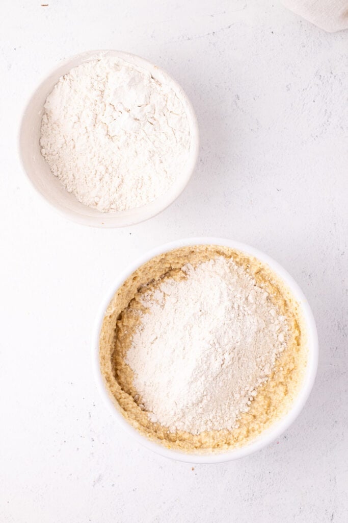 Flour added to the ricotta cookie dough for final mixing