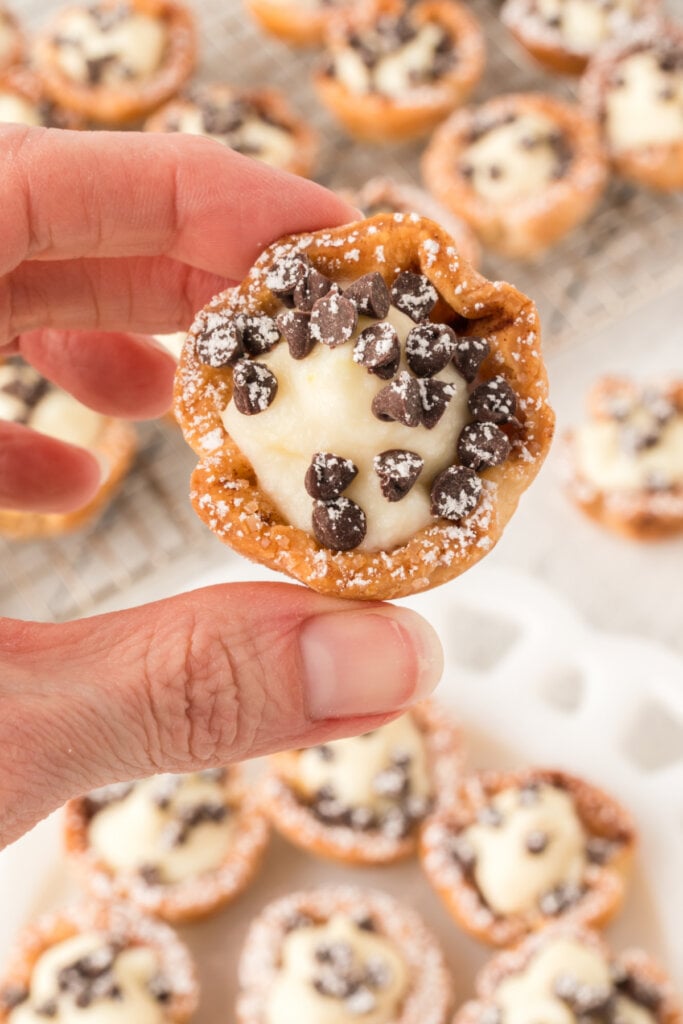 hand holding mini cannoli cup