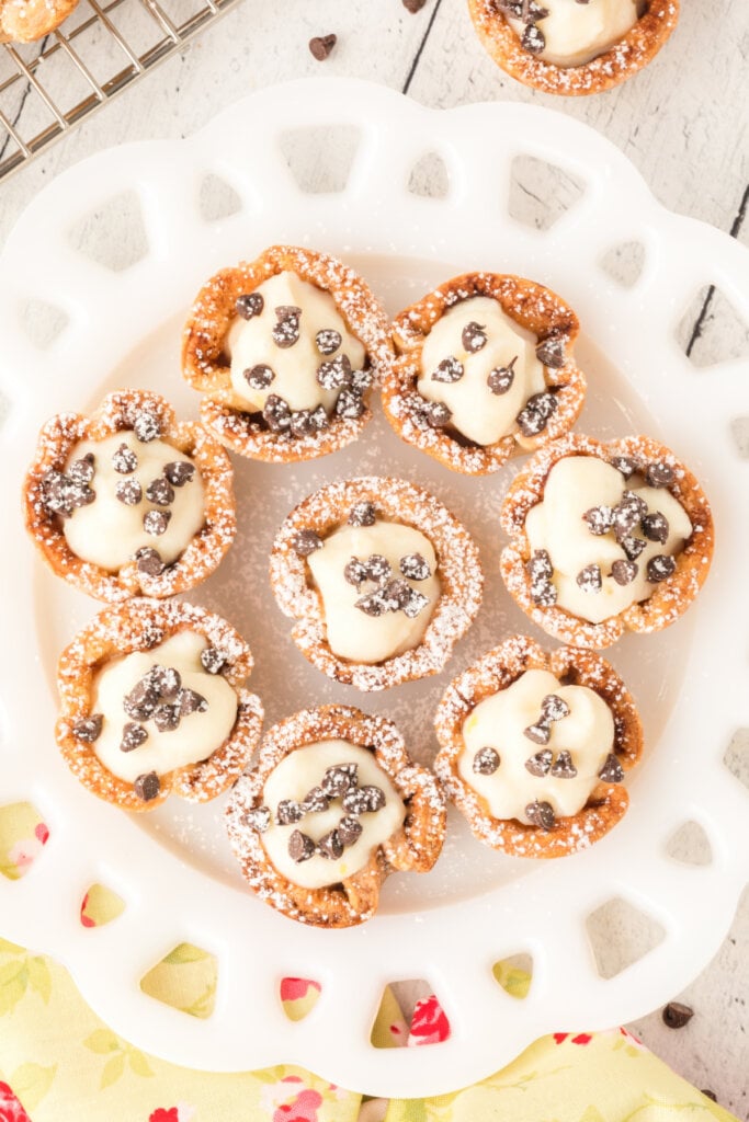 looking down onto a plate with mini cannoli cups