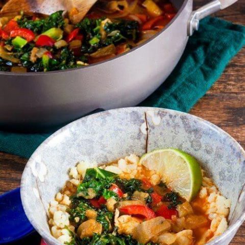 Red Curry Eggplant and Kale Over Cauliflower “Rice”