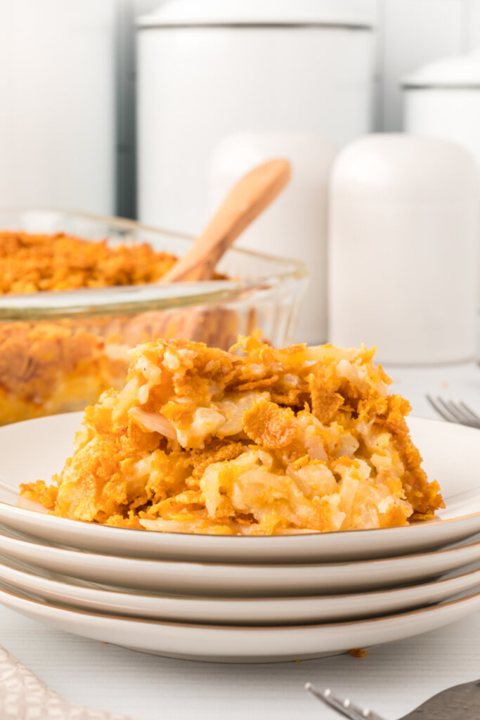 potato casserole on stacked plates