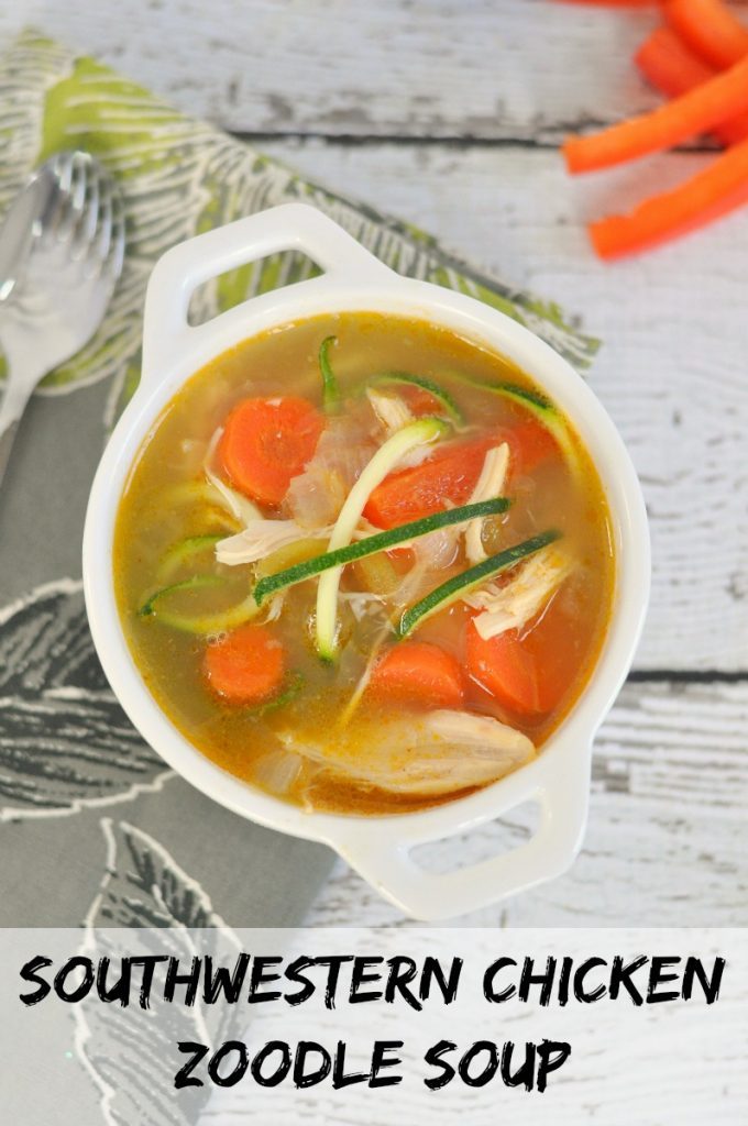 Southwestern Chicken Zoodle Soup in a white bowl.