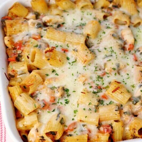 Six Cheese Chicken Pasta Bake in a casserole dish.