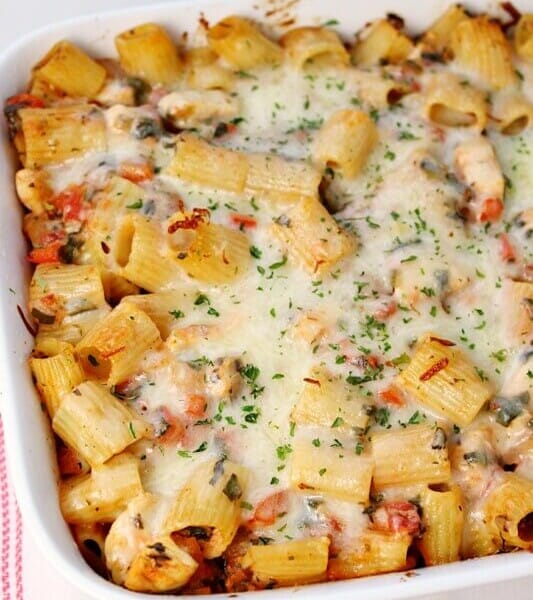 Six Cheese Chicken Pasta Bake in a casserole dish.