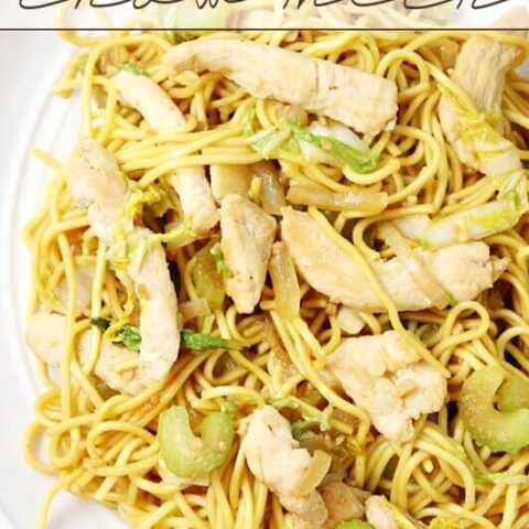 Spicy Chicken Chow Mein on a white plate.