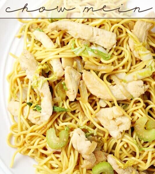 Spicy Chicken Chow Mein on a white plate.