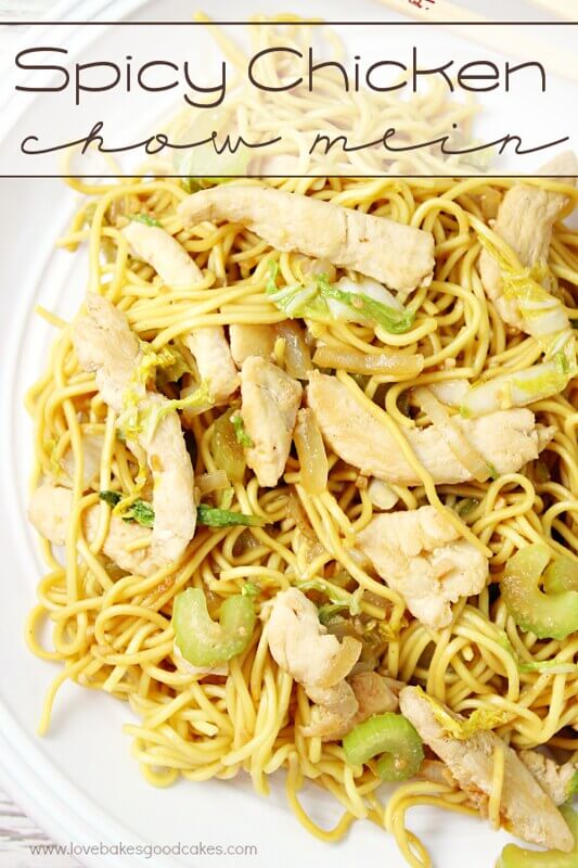 Spicy Chicken Chow Mein on a white plate.