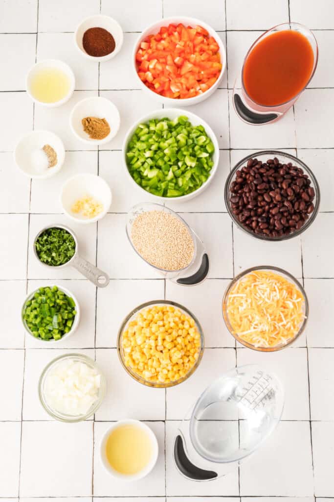 ingredients for vegetarian enchilada quinoa casserole including black beans, corn, bell peppers, quinoa, enchilada sauce, and spices arranged on a white surface