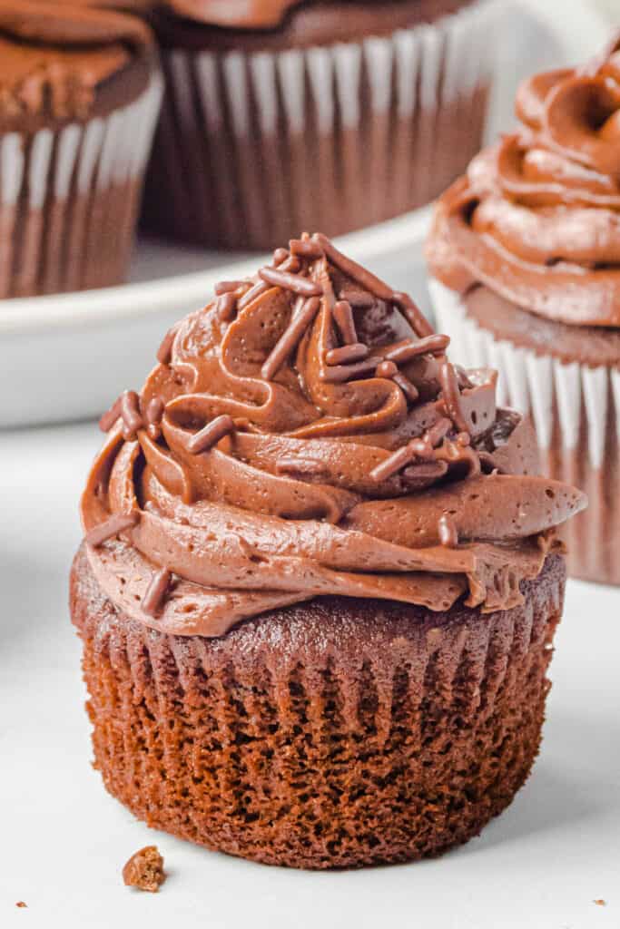 Chocolate cupcake with chocolate buttercream frosting and chocolate sprinkles on a white background