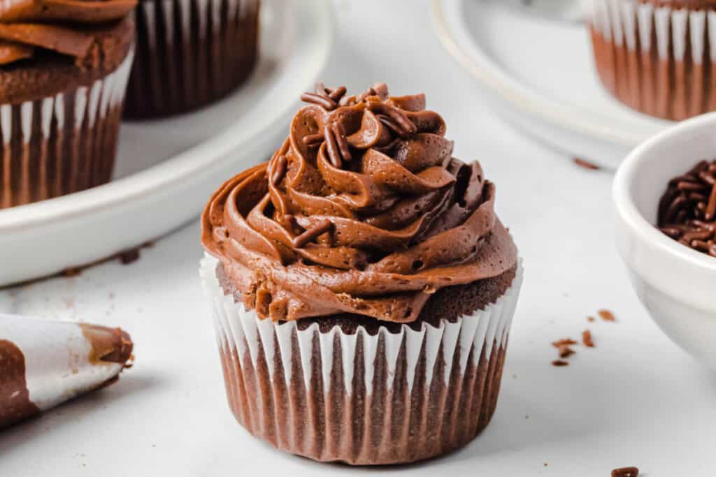 Frosted chocolate cupcake with chocolate buttercream and chocolate sprinkles beside a piping bag
