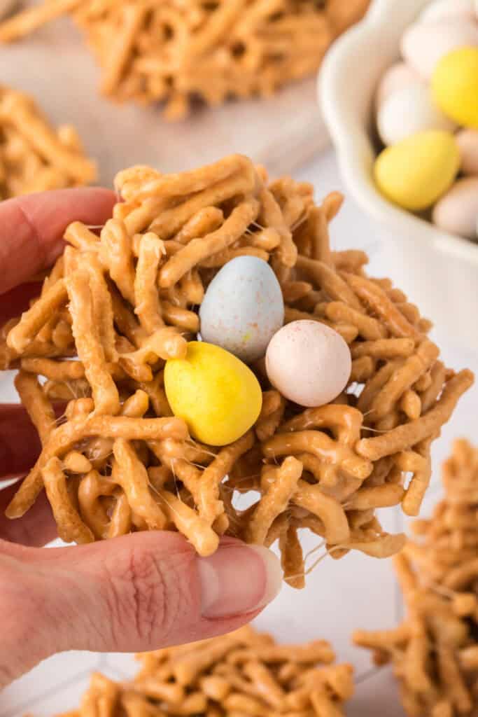 hand holding a bird nest cookie
