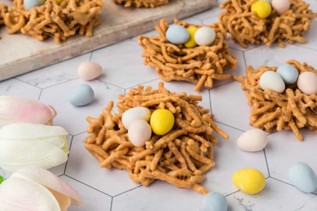 bird nest cookies on table with chocolate malted egg candy