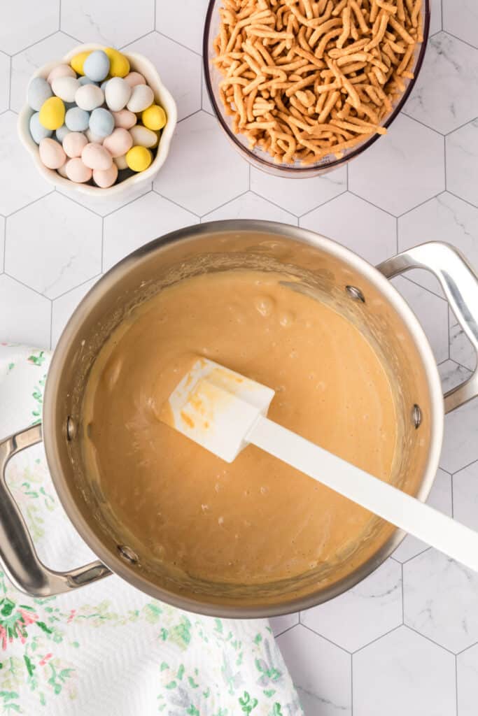 butter, peanut butter, and marshmallows in pot after being melted