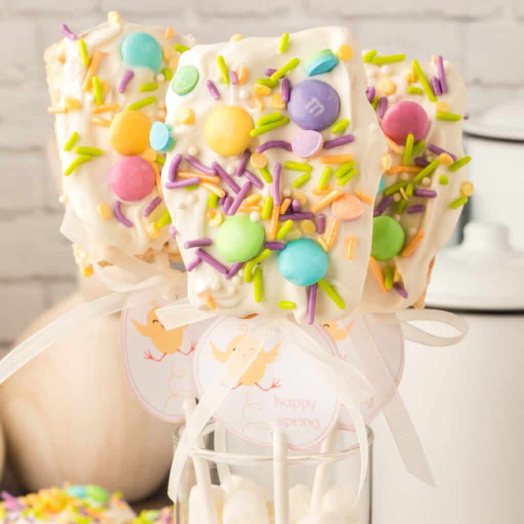 three spring rice krispies treats pops in jar