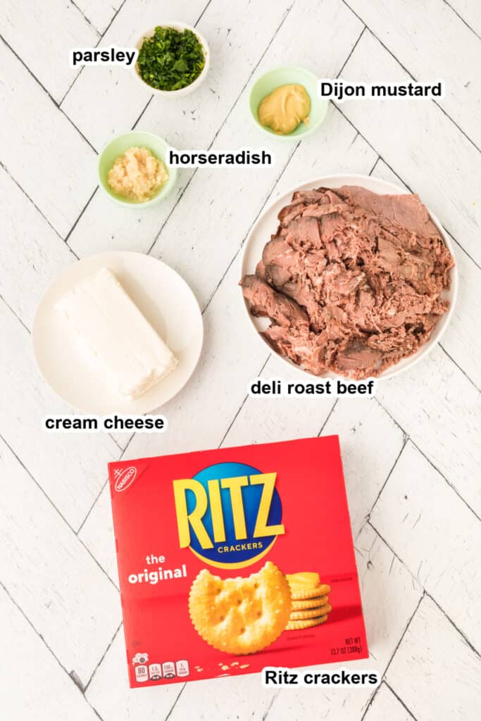 ingredients to make roast beef with horseradish cream cheese snack crackers