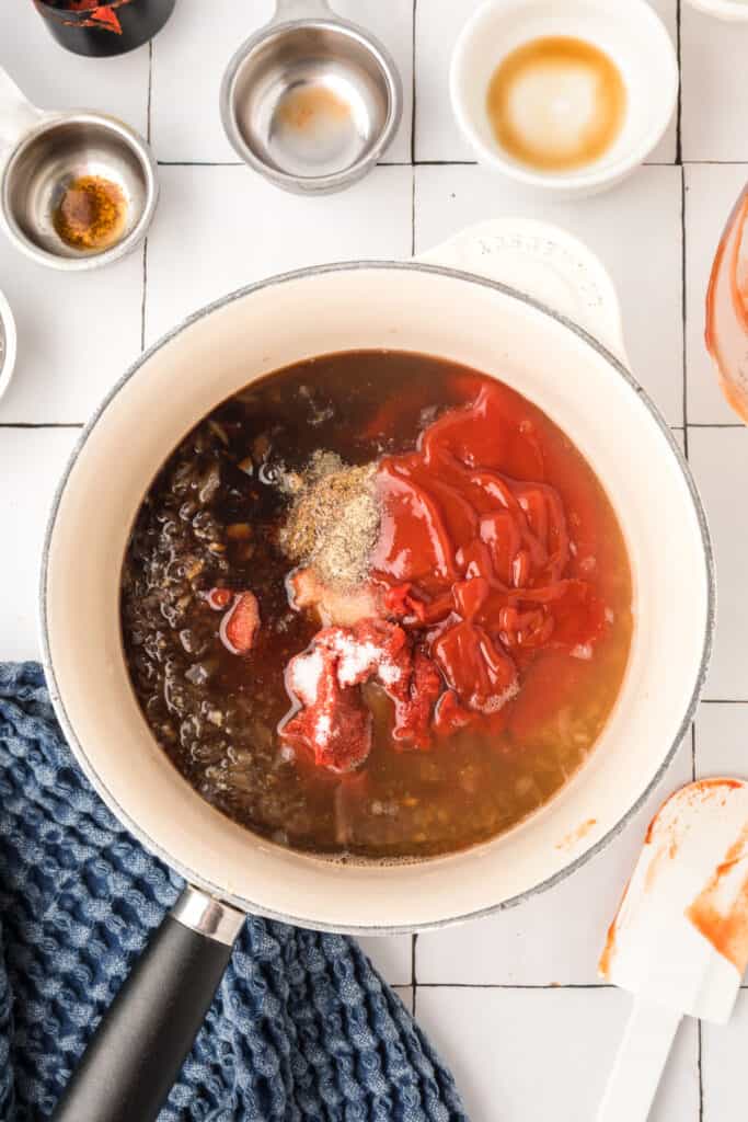 All sauce ingredients added to the saucepan before stirring