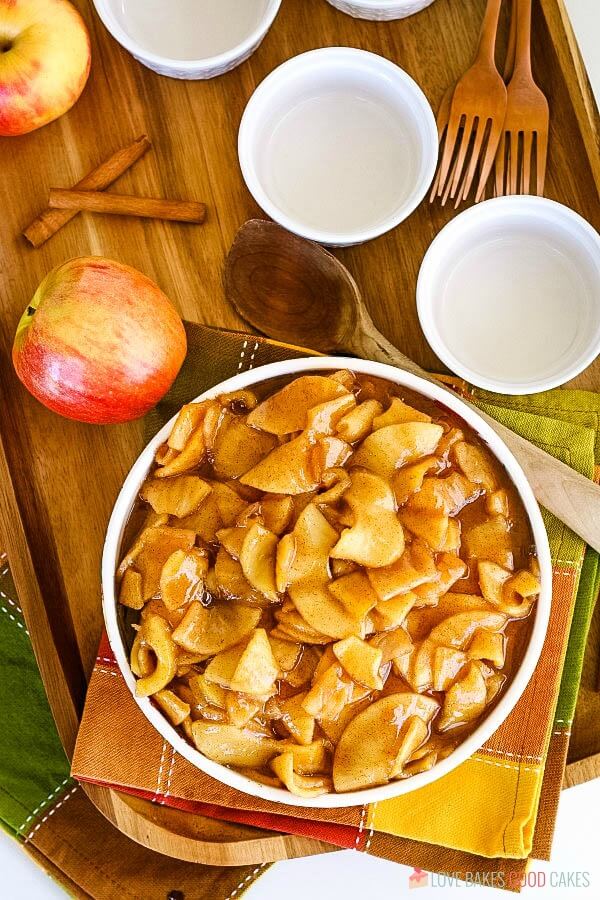 Fall table with fried apples in serving bowl. 