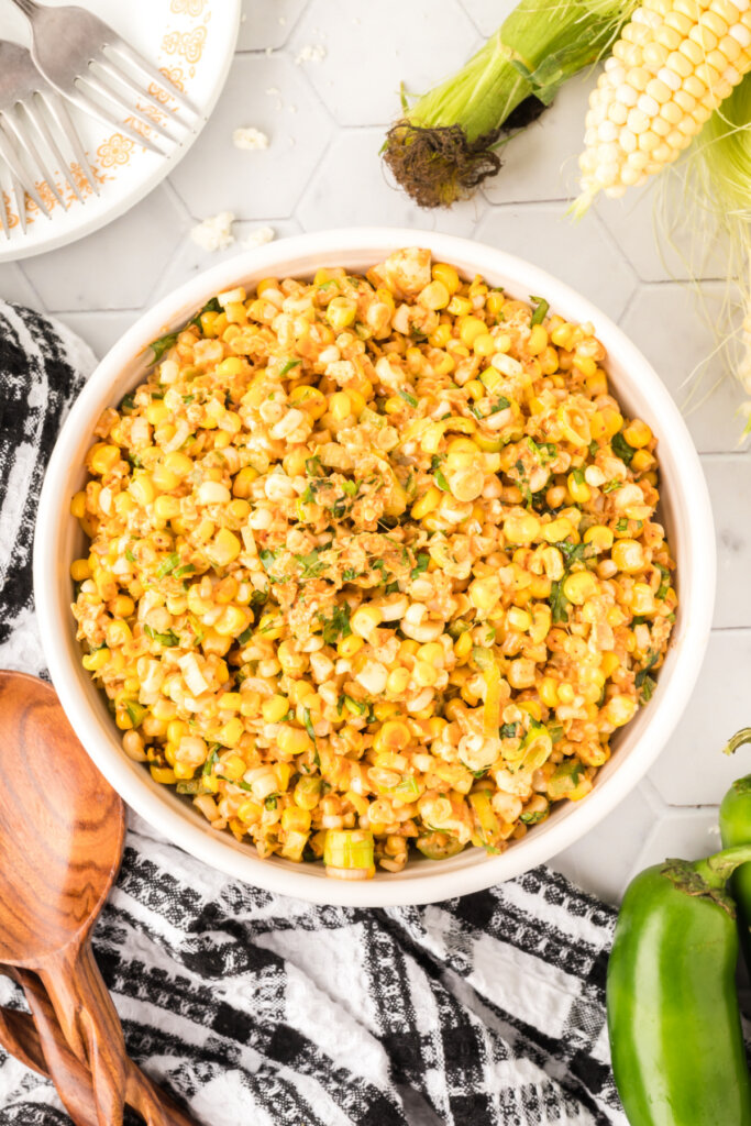 looking down into a bowl of mexican street corn salad