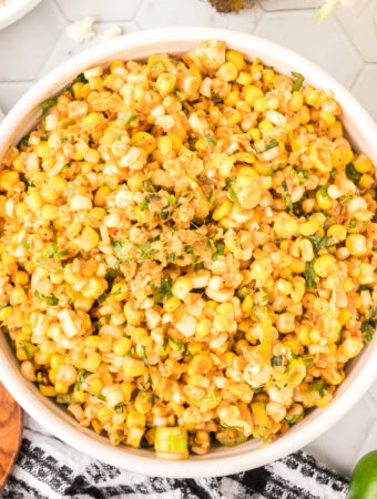 easy mexican street corn salad in white bowl