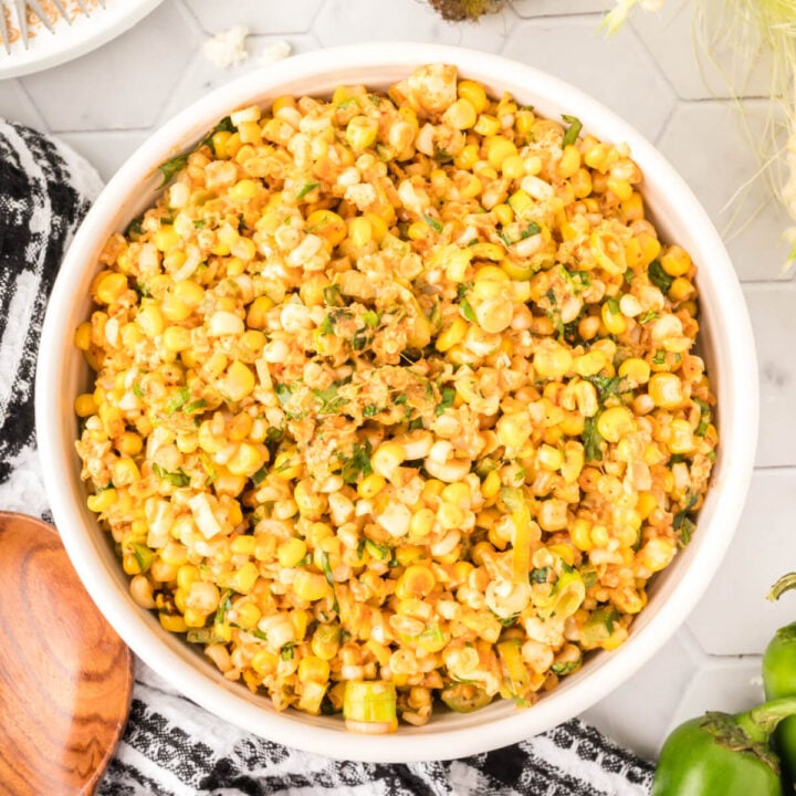 easy mexican street corn salad in white bowl
