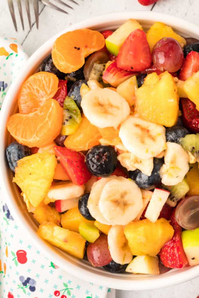 super close up of fruit salad in bowl