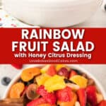 rainbow fruit salad with honey citrus dressing pin collage