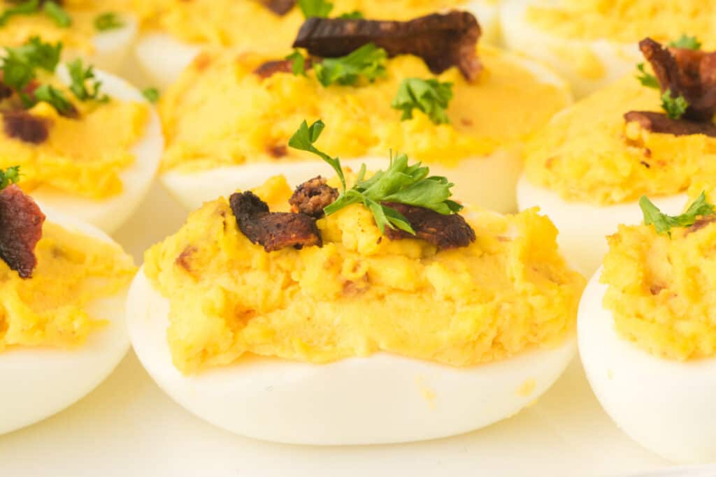 bacon cheddar deviled eggs closeup