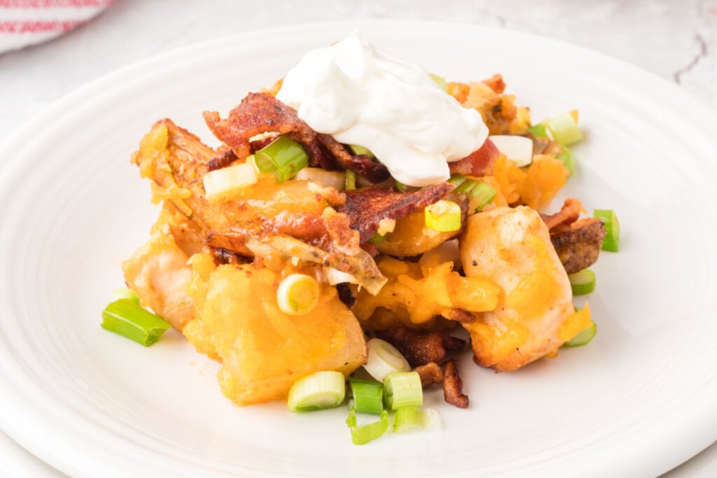 chicken potato casserole on white plate