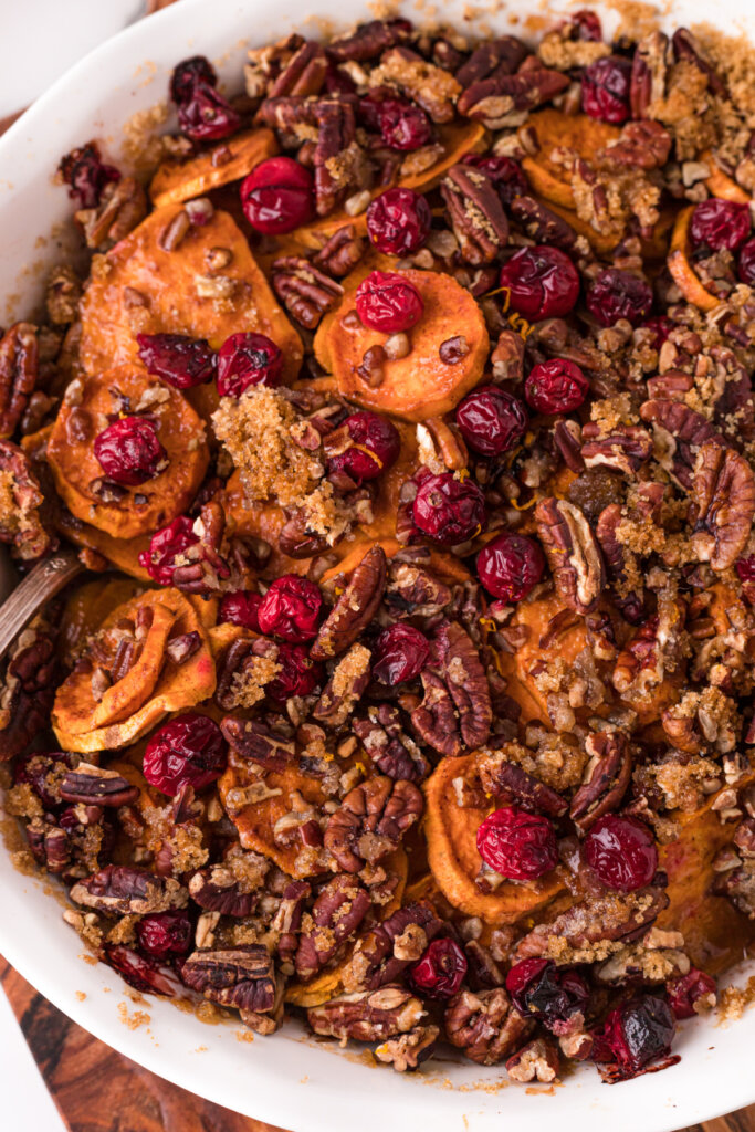 closeup cranberry pecan sweet potato casserole