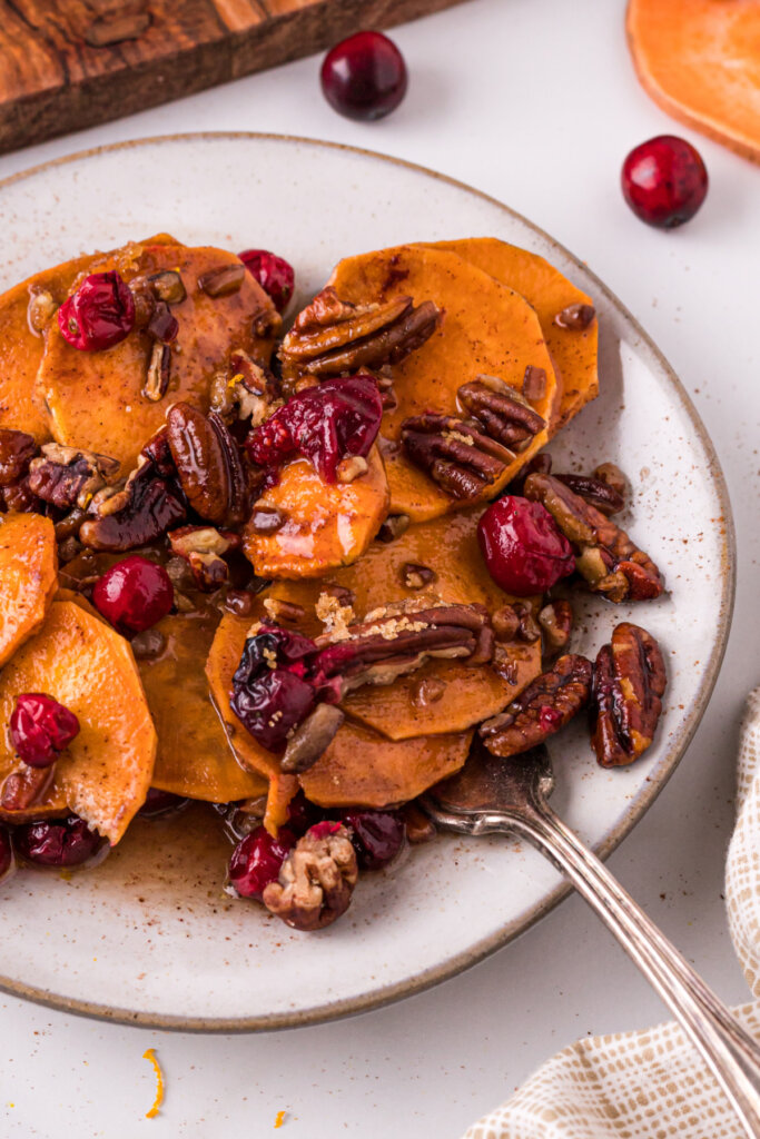 cranberry pecan sweet potato casserole on a plate