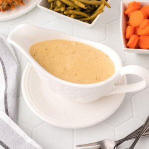 closeup of gravy in a gravy boat