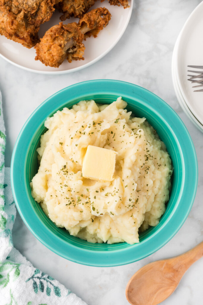 looking down into a bowl of fluffy mashed potatoes