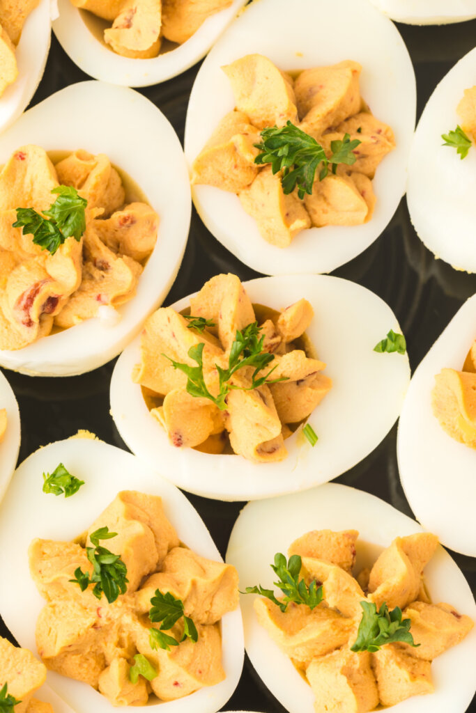 closeup of spicy deviled eggs