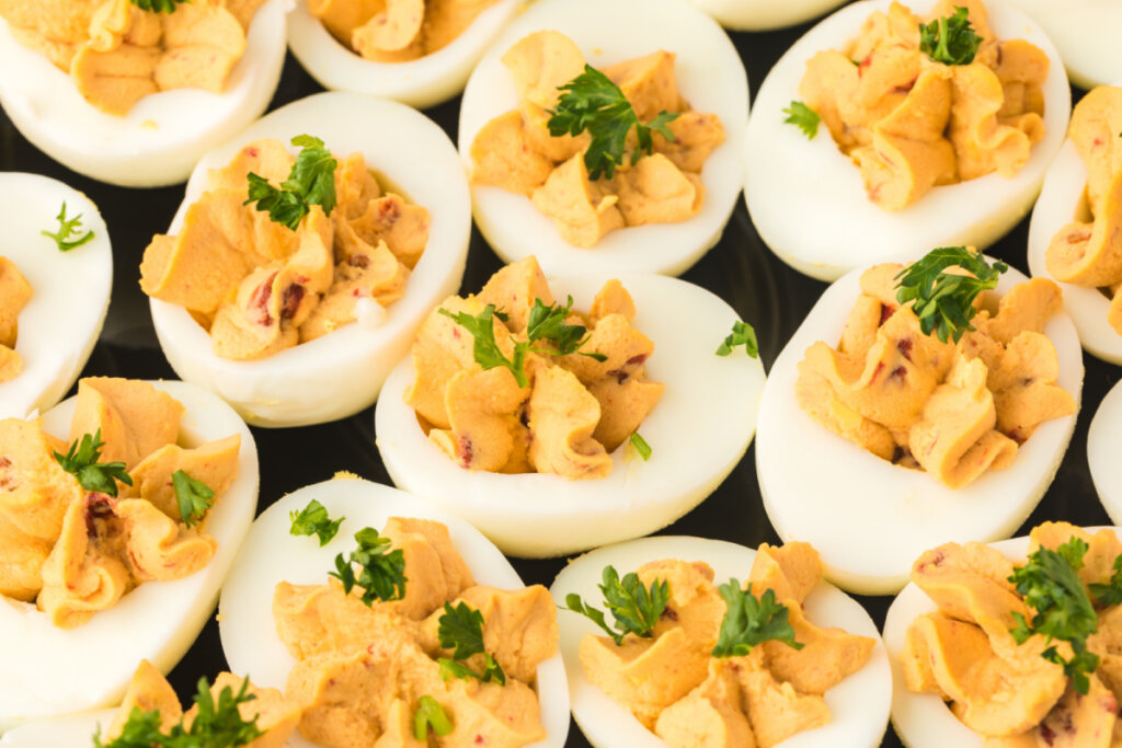 chipotle deviled eggs on platter