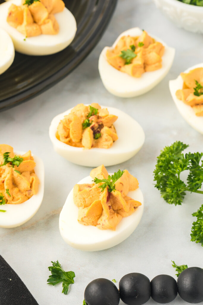 chipotle deviled eggs on table