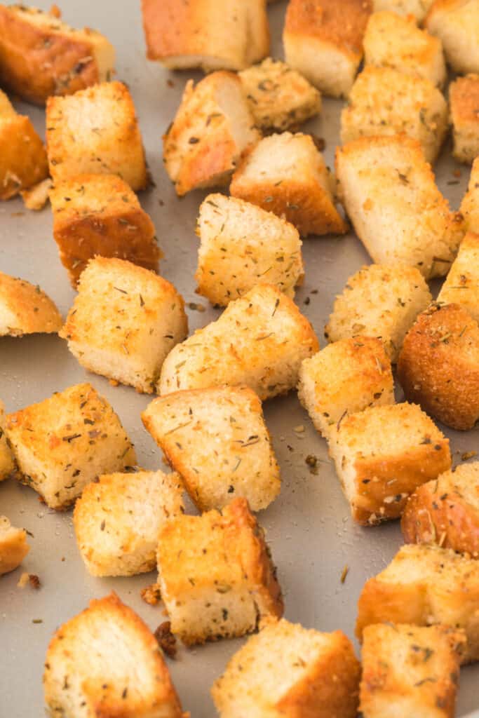 homemade croutons on baking sheet