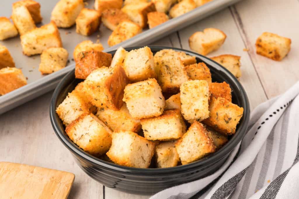 closeup of homemade croutons in bowl