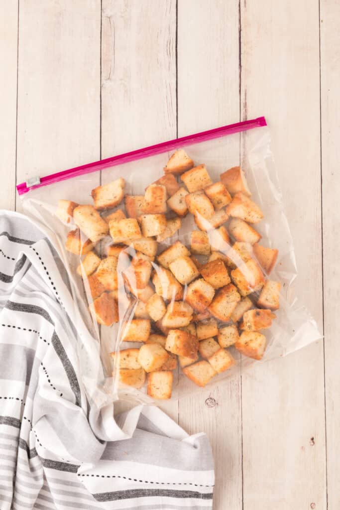 homemade croutons in ziptop bag