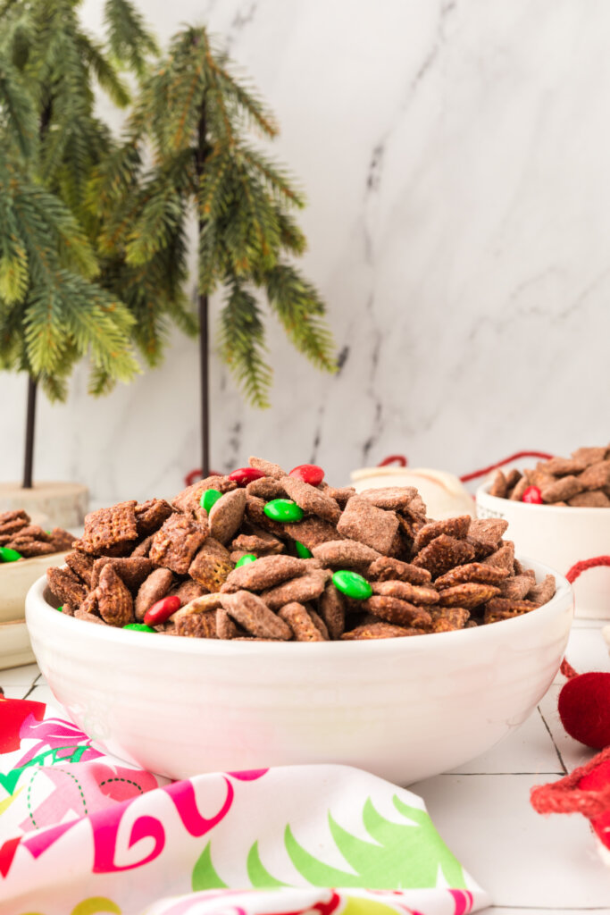 festive setting with a bowl of reindeer chow