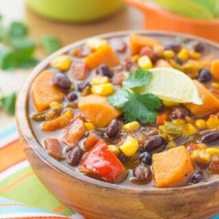 Sweet Potato and Black Bean Soup in a brown bowl.