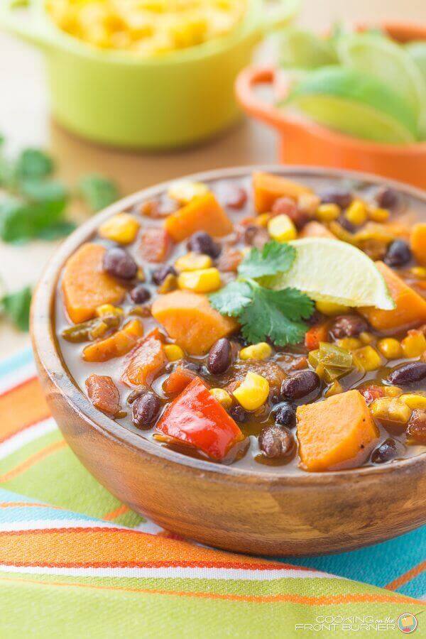 Sweet Potato and Black Bean Soup in a brown bowl.