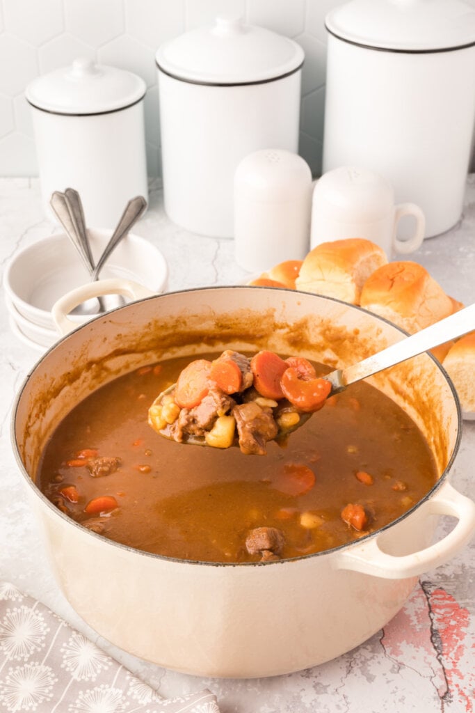 beef stew in pot with some on spoon